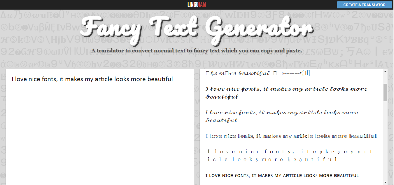 Cool Fancy Text Generator (𝓬𝓸𝓹𝔂 𝖆𝖓𝖉 𝕡𝕒𝕤𝕥𝕖) ― LingoJam